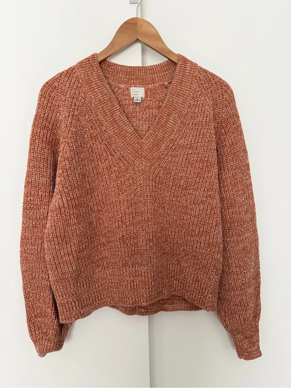 A New Day Chunky Knit V-neck Sweater Oversized Rust Orange Marled Cotton Small